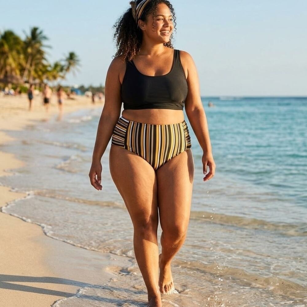 Time and Tru Bikini Bottoms NWT Women's 3X Yellow Stripe Full Coverage Swim